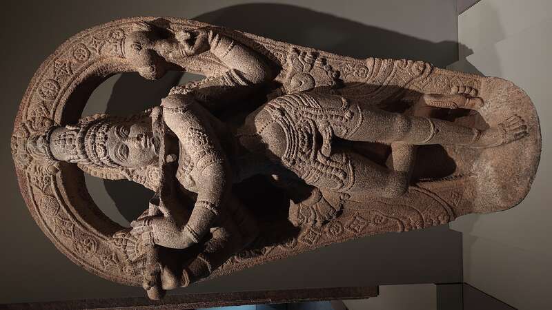 Approx. 1400–1500
Southern India; former kingdom of Vijayanagara
Granite
The Avery Brundage Collection, B64S9
Krishna is shown as a young herder playing a flute. His divinity is revealed, however, in his having four arms, two of which carry symbolic