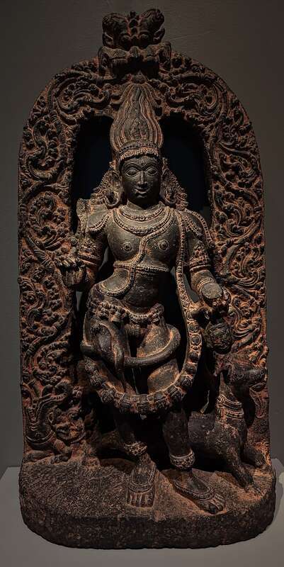 Approx. 
1300-1500
India; Karnataka State
Stone (chlorite schist)
Gift of the Connoisseurs' Council, 2000.6
The two great gods Shiva and Brahma had a bitter dispute, and Shiva cut off one of Brahma's five heads. In penance for this frightful sin,