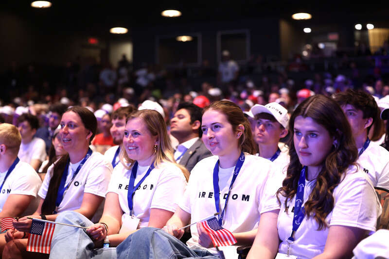 Attendees at the Ohio State University tour stop of the "This Is The Turning Point" tour at Mershon Auditorium in Columbus, Ohio.