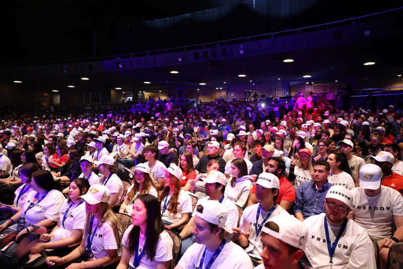 Attendees at the Ohio State University tour stop of the "This Is The Turning Point" tour at Mershon Auditorium in Columbus, Ohio.