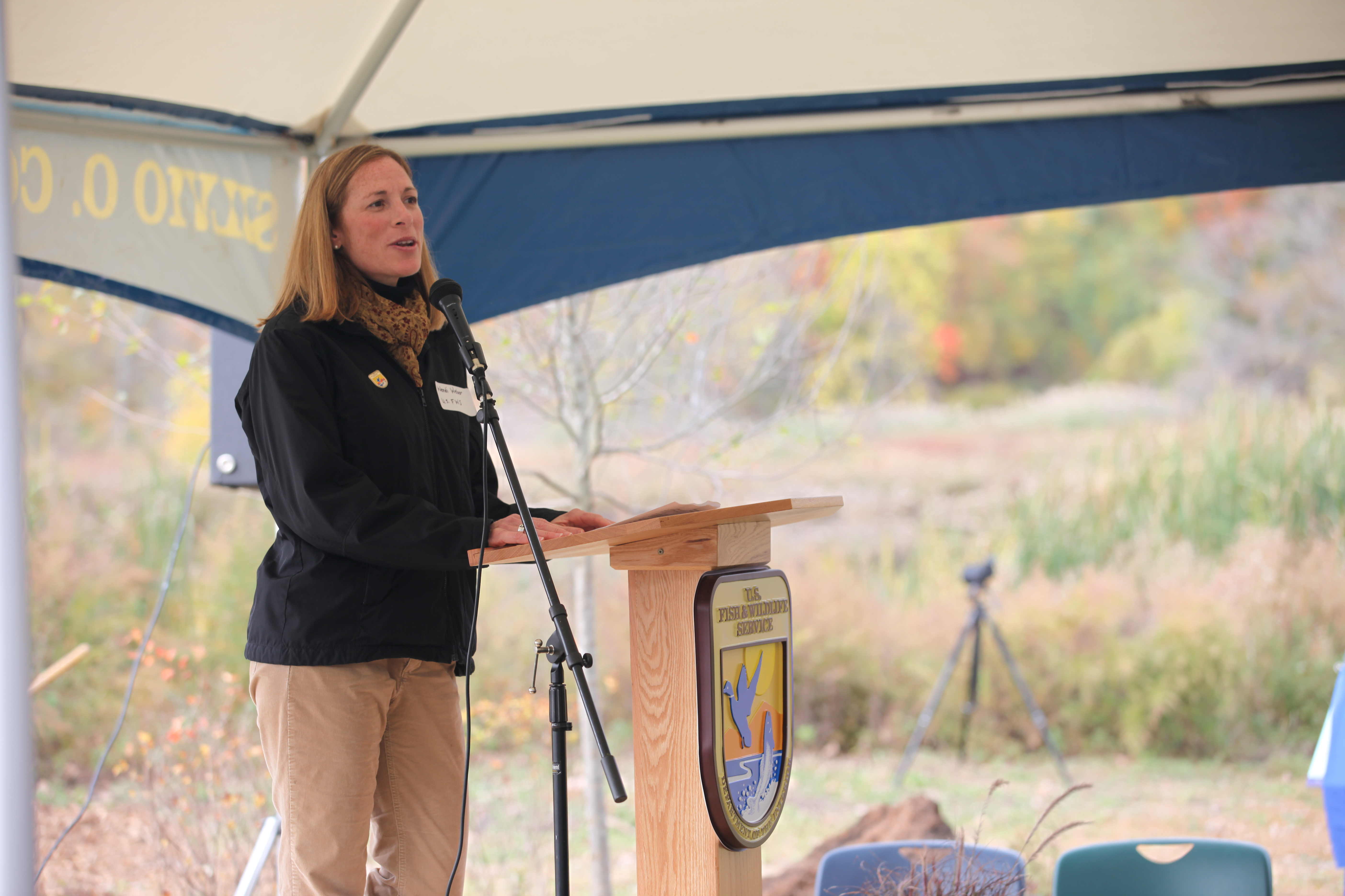 U.S. Fish and Wildlife Service Northeast Regional Director Wendi Weber addresses partners, school students, and local neighborhood groups at the New Haven Harbor Watershed Urban Wildlife Refuge Partnership designation.