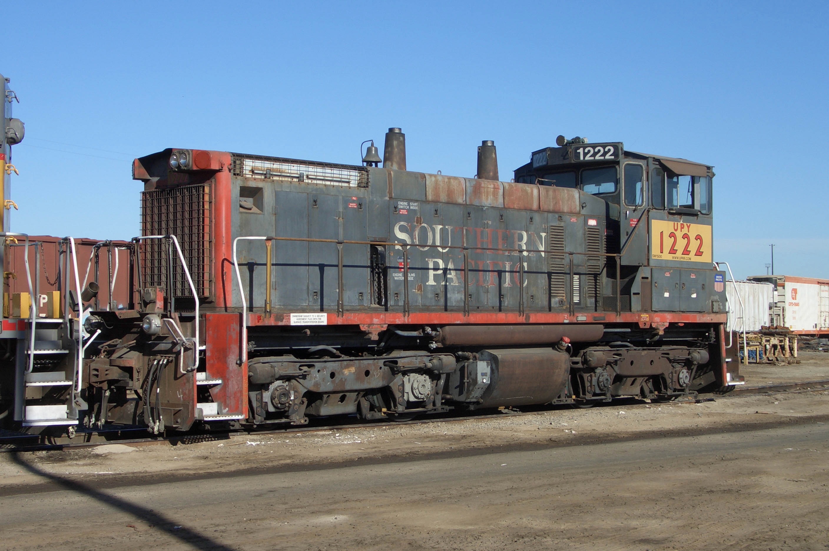 Union Pacific SW1500 switcher UPY 1222, originally a Southern Pacific Railroad unit, at the yard in Fresno, CA on July 2, 2007.