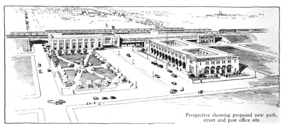 Drawing of Union Station (originally known as "New York Central Railroad Station") and adjacent Post Office, 125 West 14th Street, Erie, Pennsylvania.  Substantial changes have occurred since the building opened in 1927. Image date 1929.