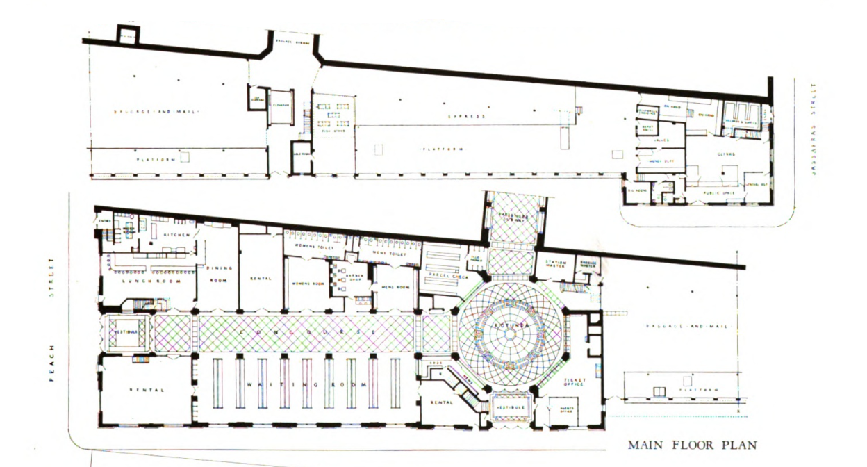 Main floor plan, Union Station (originally known as "New York Central Railroad Station"), 125 West 14th Street, Erie, Pennsylvania. Substantial changes have occurred since the building opened in 1927. Image date 1929. In this image, the main floor
