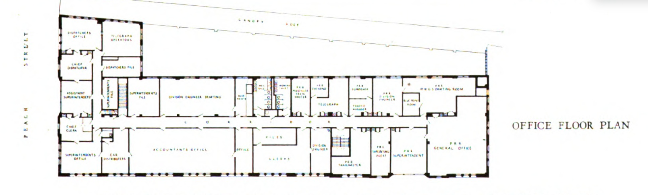 Office floor plan, Union Station (originally known as "New York Central Railroad Station"), 125 West 14th Street, Erie, Pennsylvania.  Substantial changes have occurred since the building opened in 1927. Image date 1929.