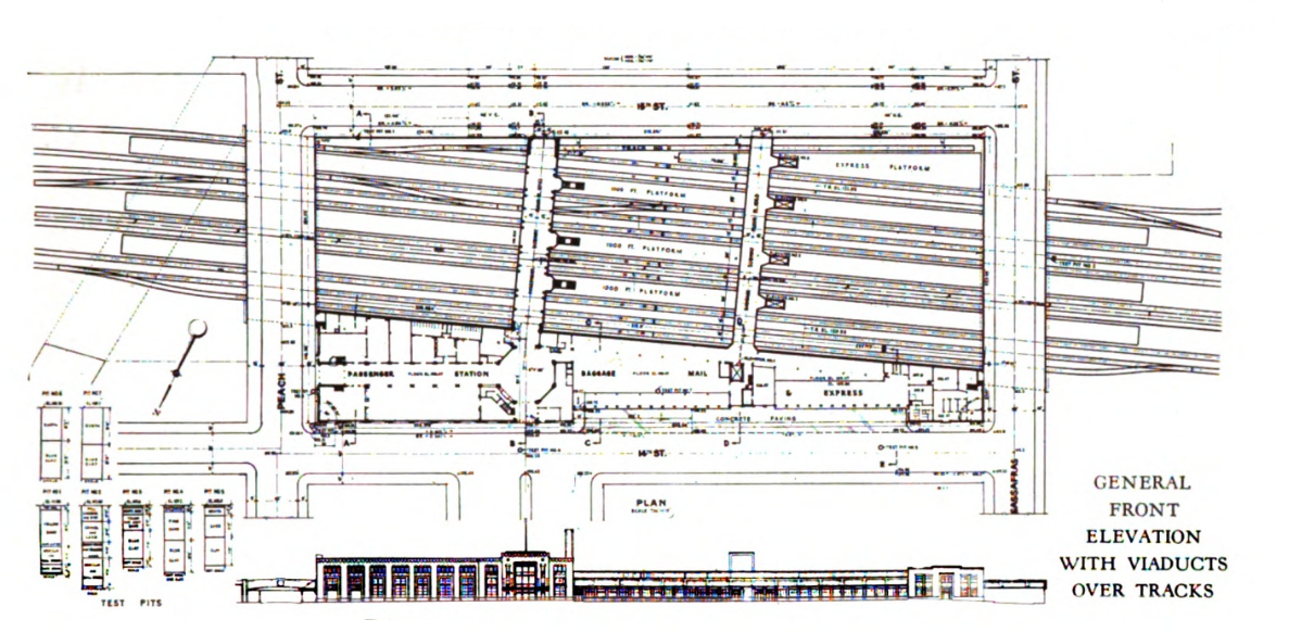 Track diagram, Union Station (originally known as "New York Central Railroad Station"), 125 West 14th Street, Erie, Pennsylvania.  Substantial changes have occurred since the building opened in 1927. Image date 1929.