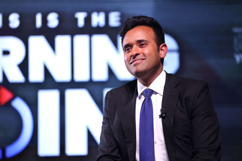 Vivek Ramaswamy speaking with attendees at the Ohio State University tour stop of the "This Is The Turning Point" tour at Mershon Auditorium in Columbus, Ohio.