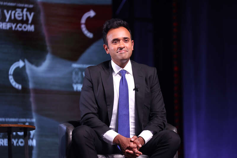 Vivek Ramaswamy speaking with attendees at the Ohio State University tour stop of the "This Is The Turning Point" tour at Mershon Auditorium in Columbus, Ohio.