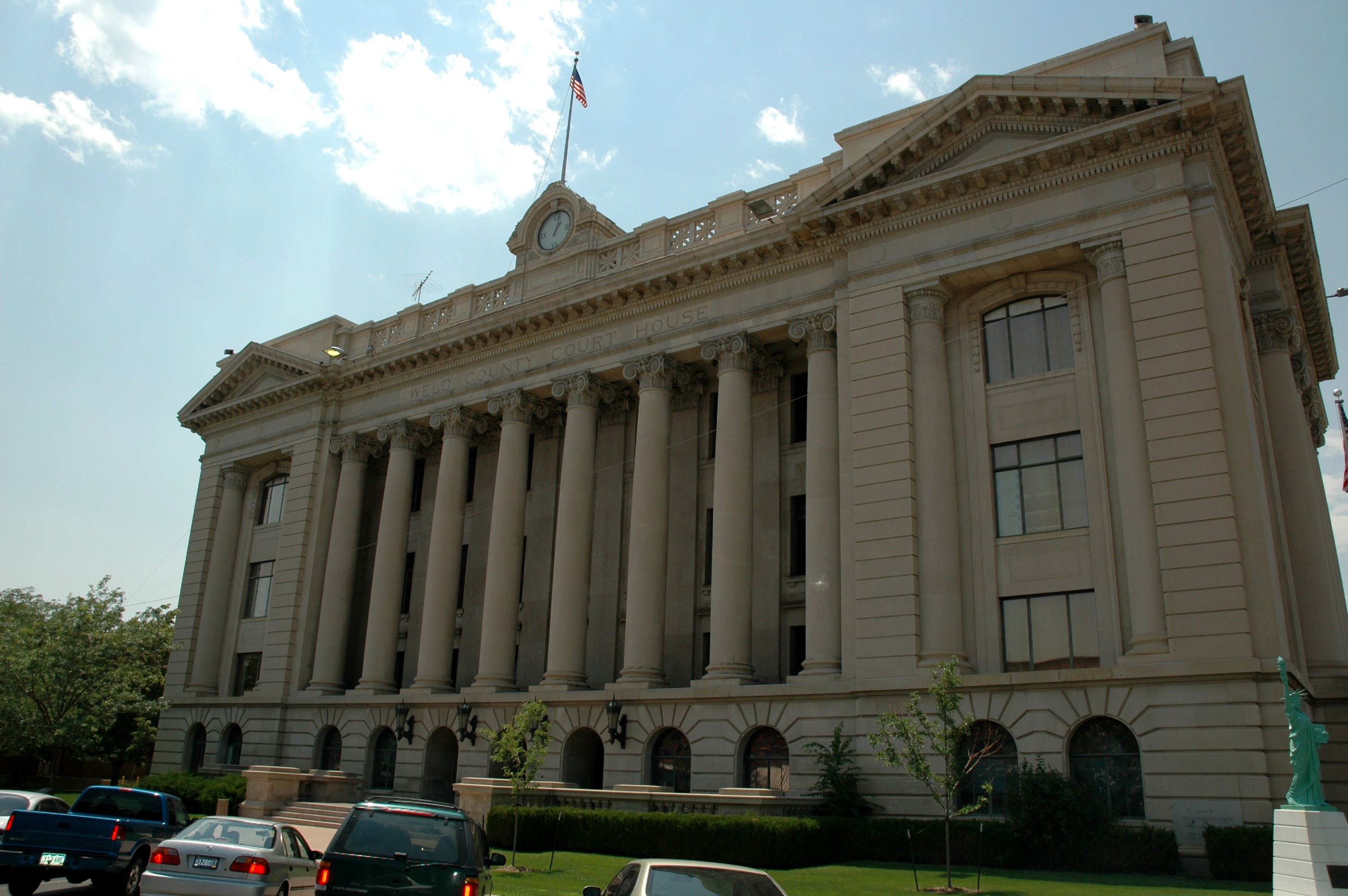 Front of the Weld County Courthouse, located at the intersection of Ninth Street and Ninth Avenue in Greeley, Colorado, United States.  Built in 1917, the courthouse is listed on the National Register of Historic Places.