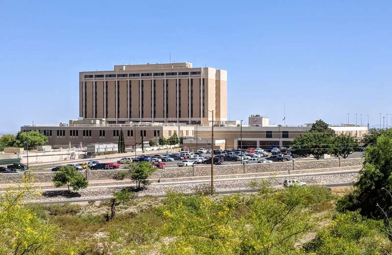 William Beaumont Army Medical Center from High Vista Apartments, in El Paso, Texas, with Alabama Street in the foreground