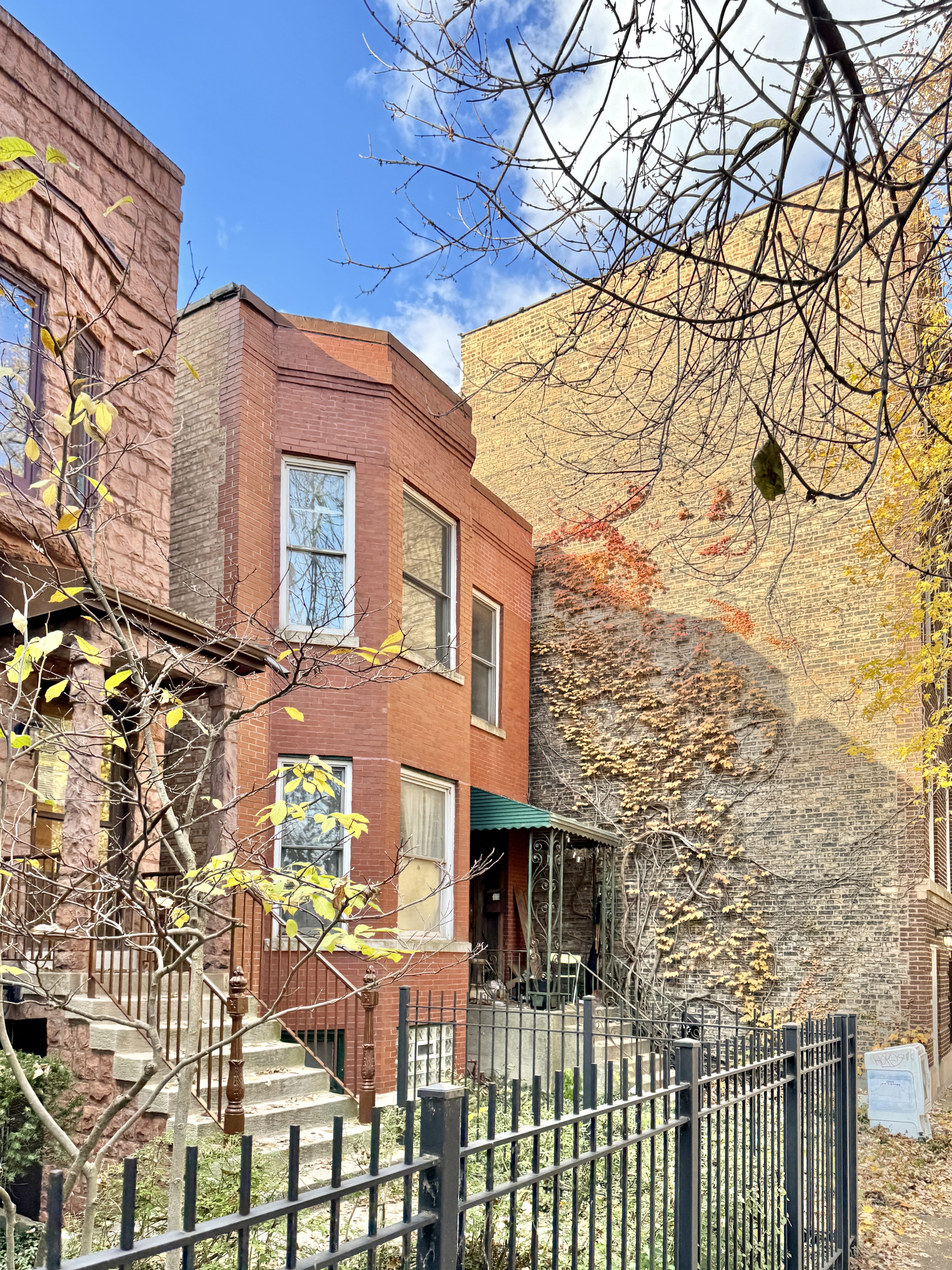 Built in 1895, this Queen Anne-style red brick two-flat townhouse is characteristic of the townhouses that can be found in various neighborhoods around the city of Chicago.  The house is a contributing structure in the Hyde Park–Kenwood Historic