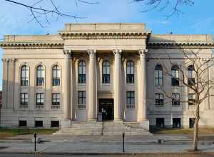 Neoclassical architecture of the Lynn Public Library, on the Lynn common, Massachusetts