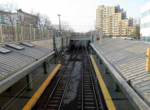 The north end of Revere Beach station viewed from the mezzanine in April 2014