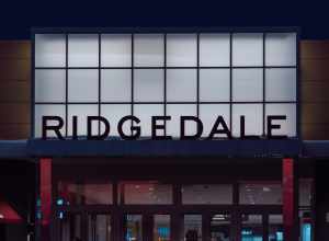 Mall entrance signage at the Ridgedale Center, an indoor enclosed shopping mall in Minnetonka, Minnesota. The retail center opened in 1974 and has about 140 stores.