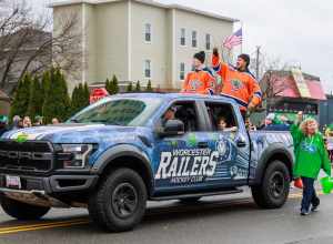 Worcester Railers Hockey Club in the 2025 St. Patrick's Day Parade in Worcester, Massachusetts