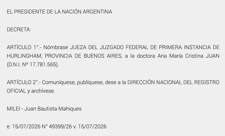 El Gobierno designó a Ana Juan como jueza federal en Hurlingham