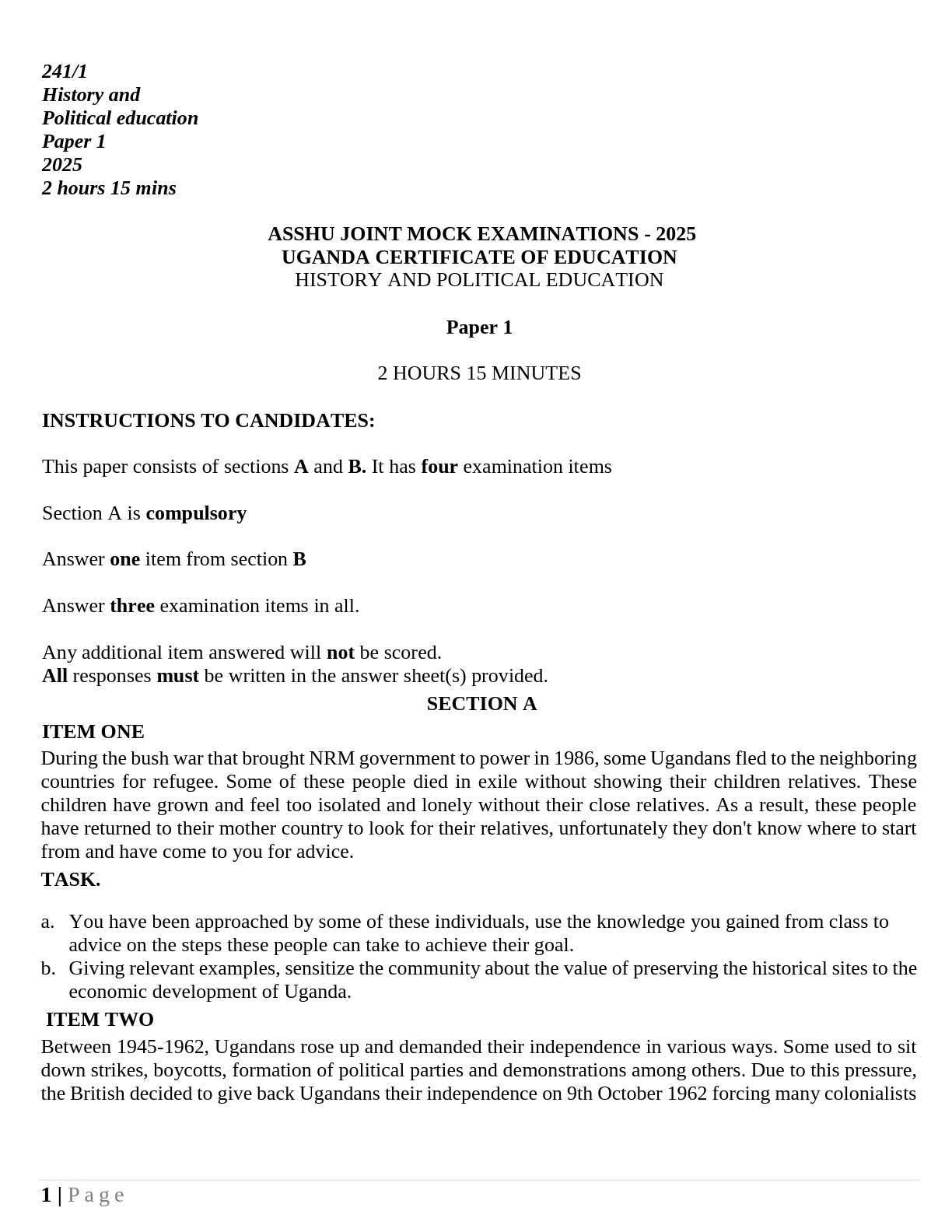 ASSHU 2025 HISTORY AND POLITICAL EDUCATION EXAM