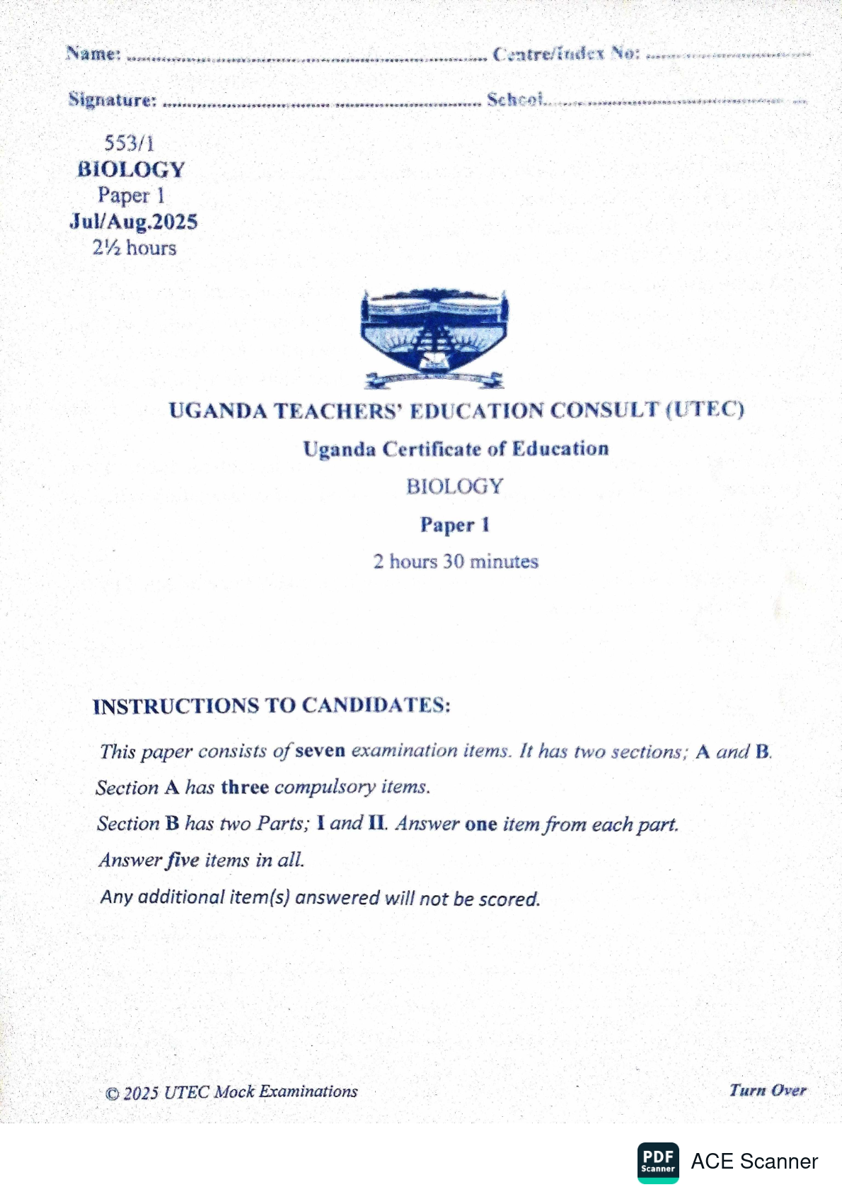 UTEC BIOLOGY MOCK 2025