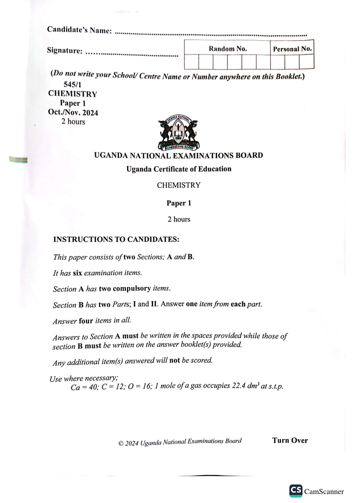  UNEB UCE CHEMISTRY PAPER 1 2024