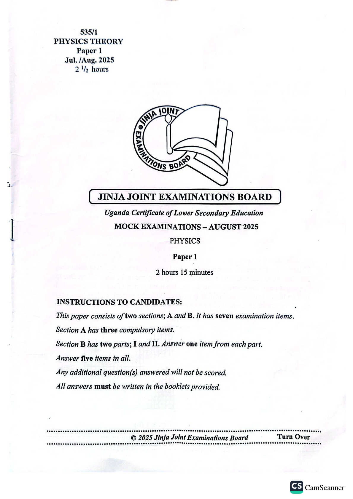 JJEB UCE 535 one PHYSICS ONE 2025 mock
