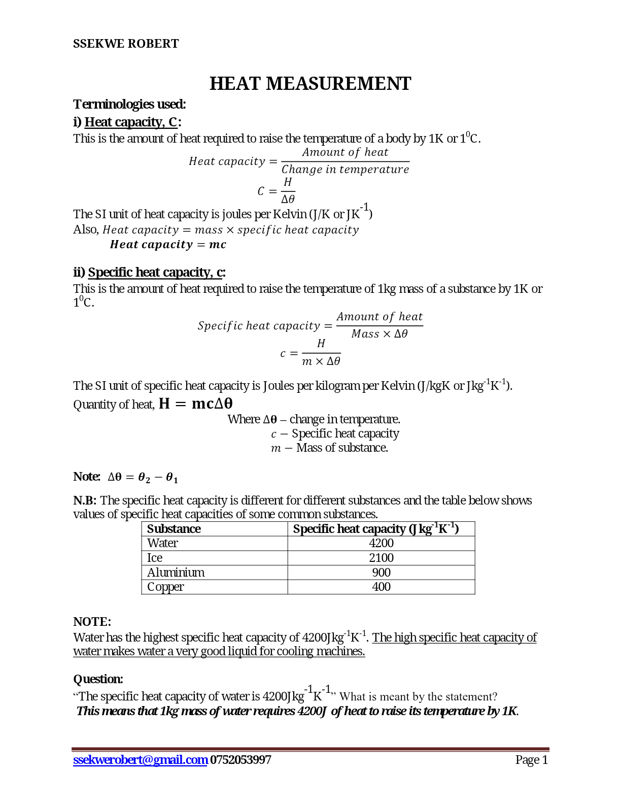 Physics Notes HEAT MEASUREMENT
