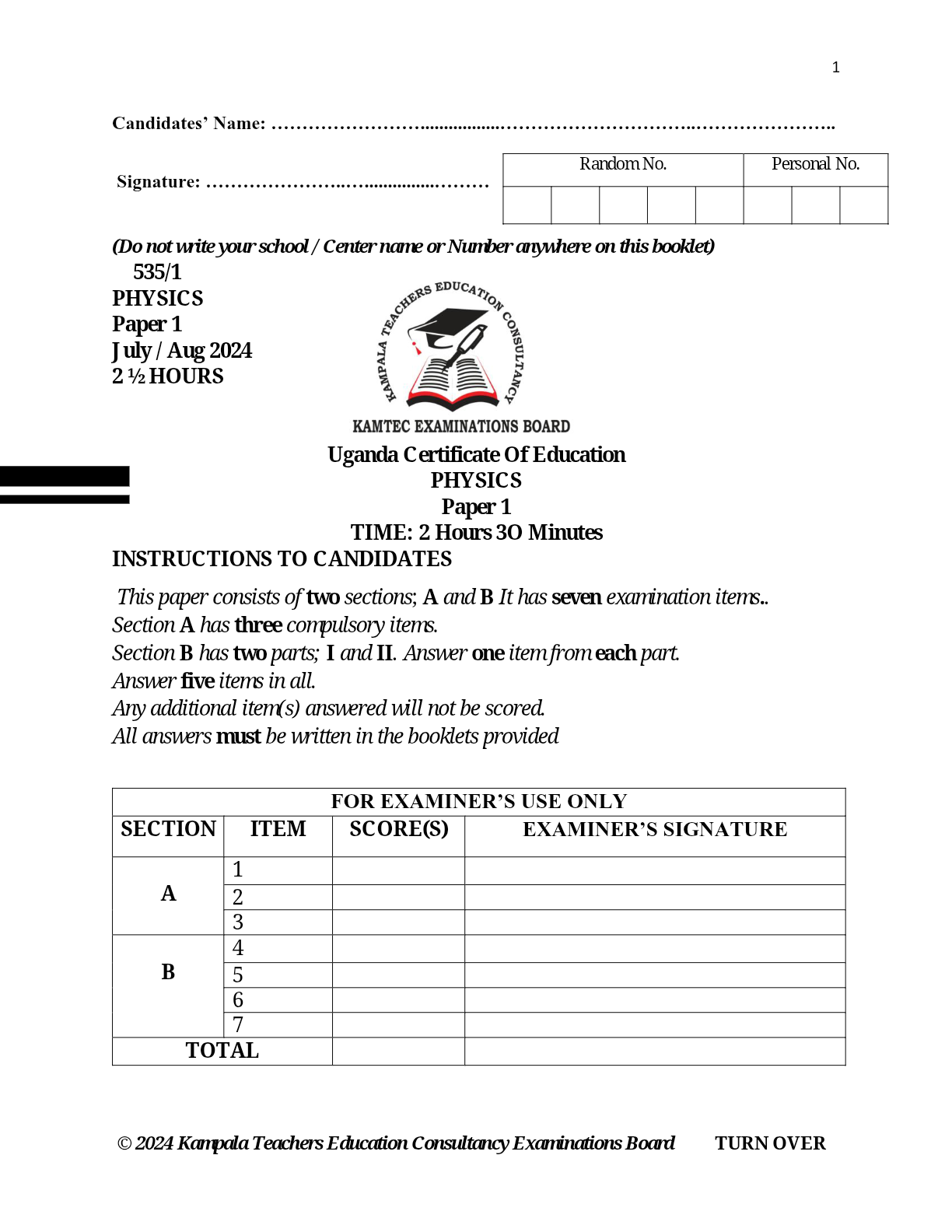 KAMTEC Physics exam 
