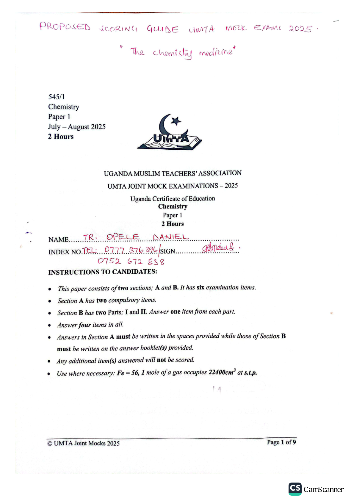 UMTA chemistry mark 2025 with marking guide