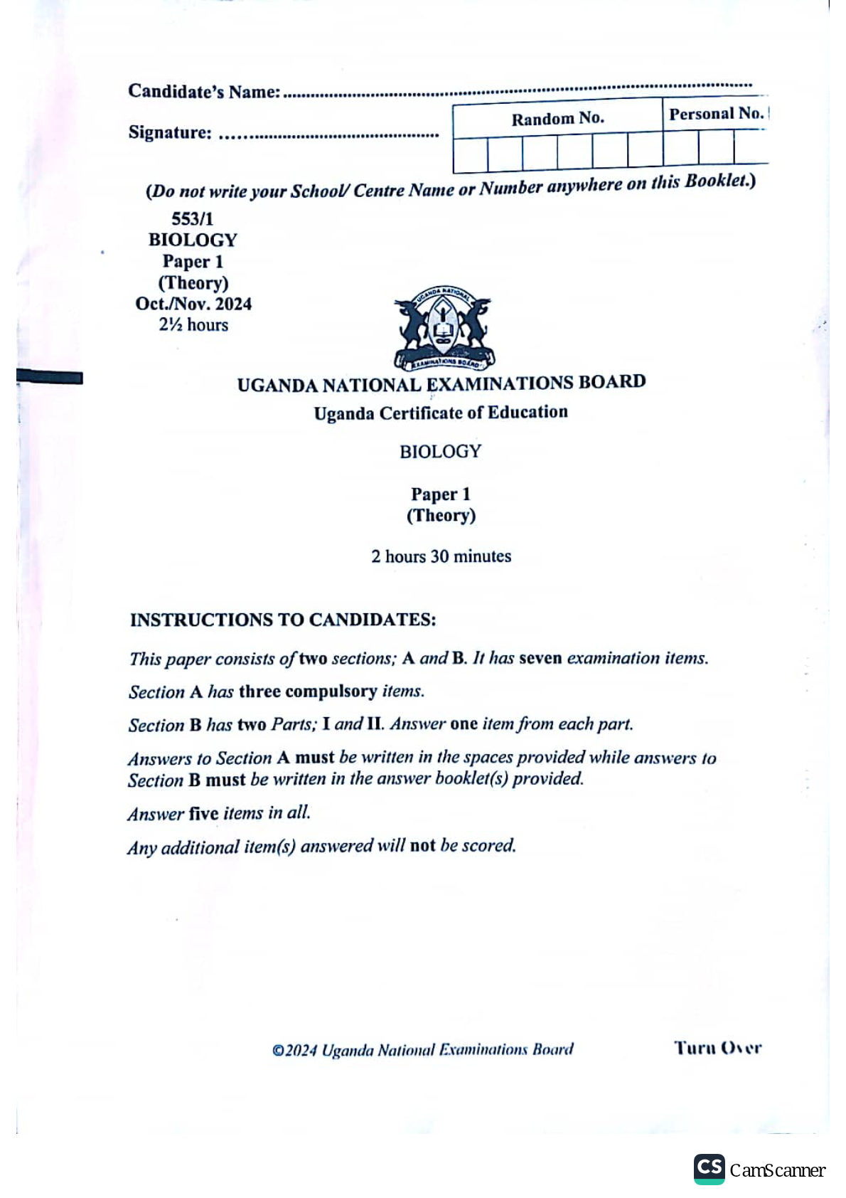 UNEB UCE biology exam 2024