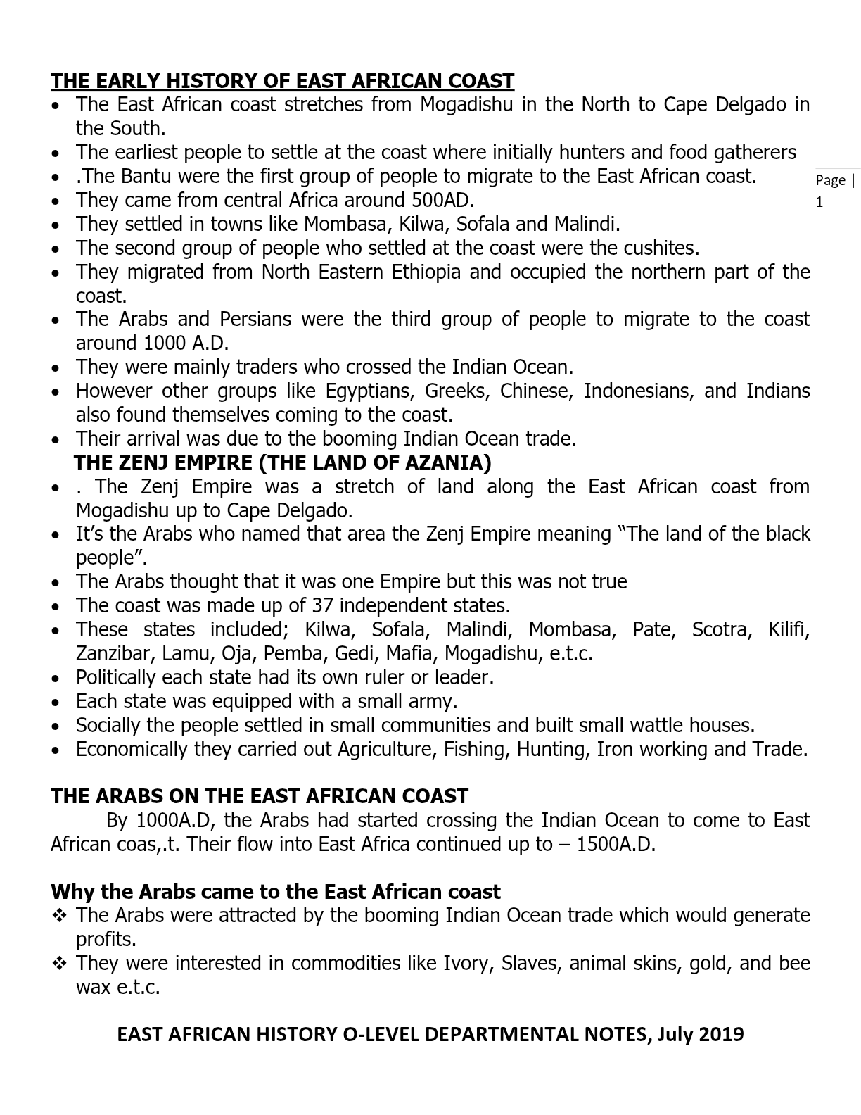 History of East Africa O'level