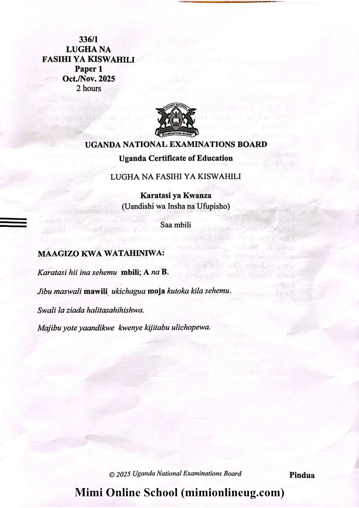 UNEB UCE KISWAHILI PAPER 2025