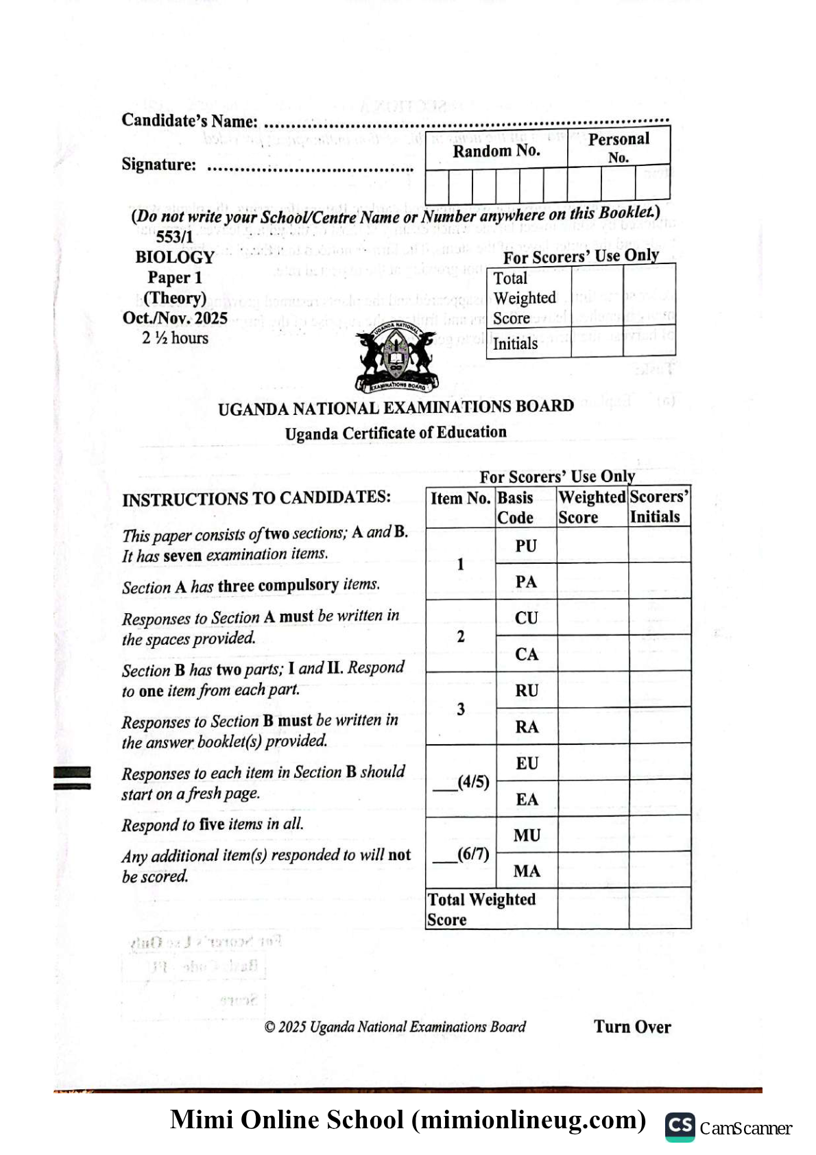 UNEB UCE BIOLOGY 1 2025