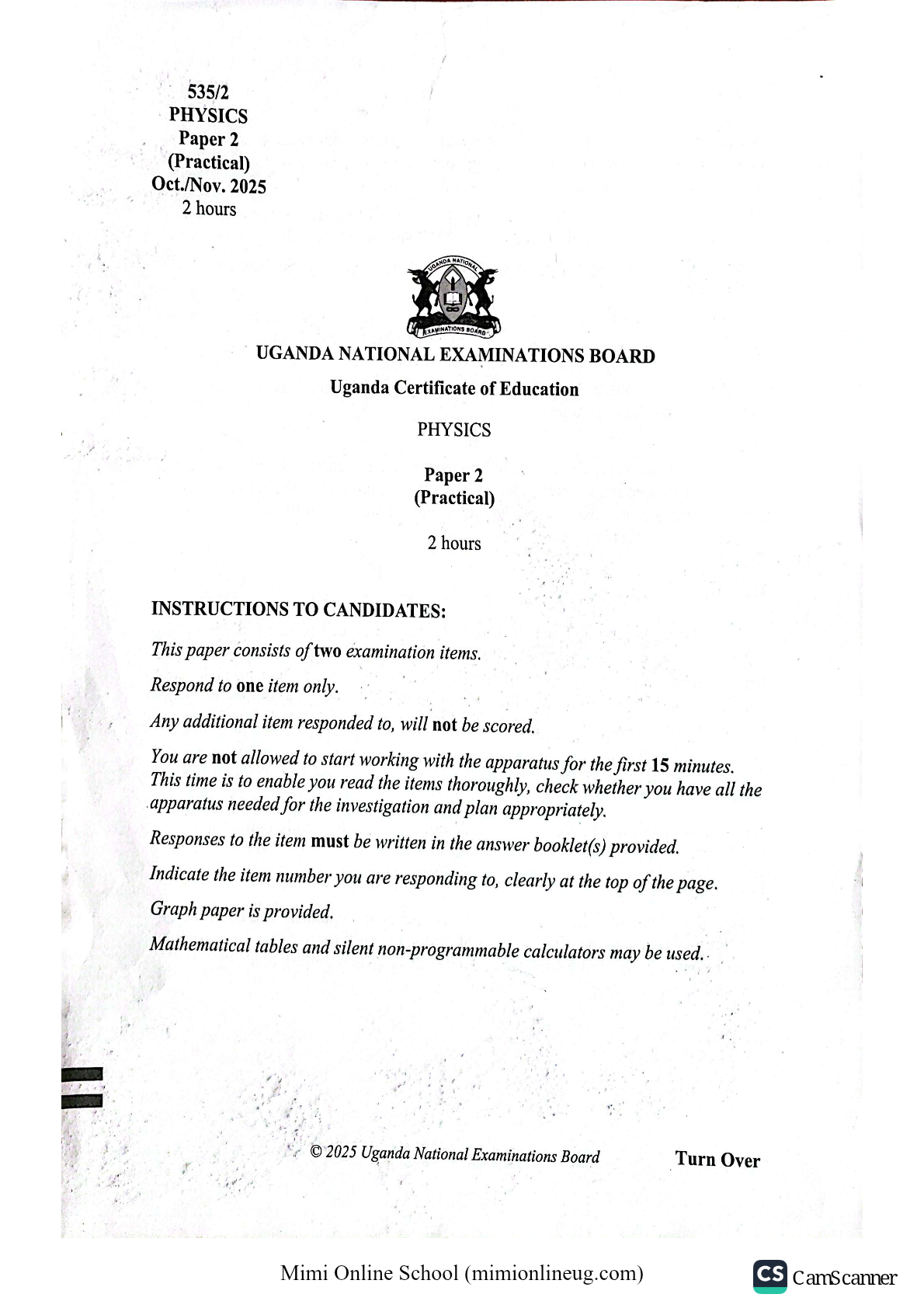 UNEB UCE PHYSICS PRACTICAL 2025-1