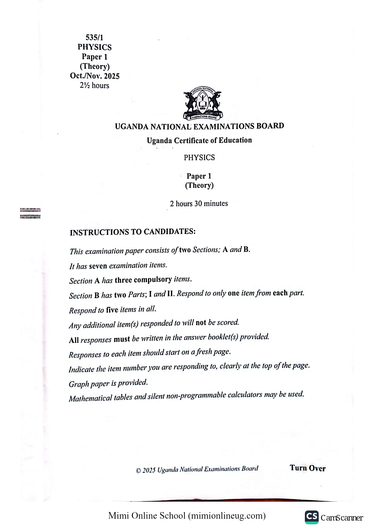 UNEB UCE PHYSICS 1 2025