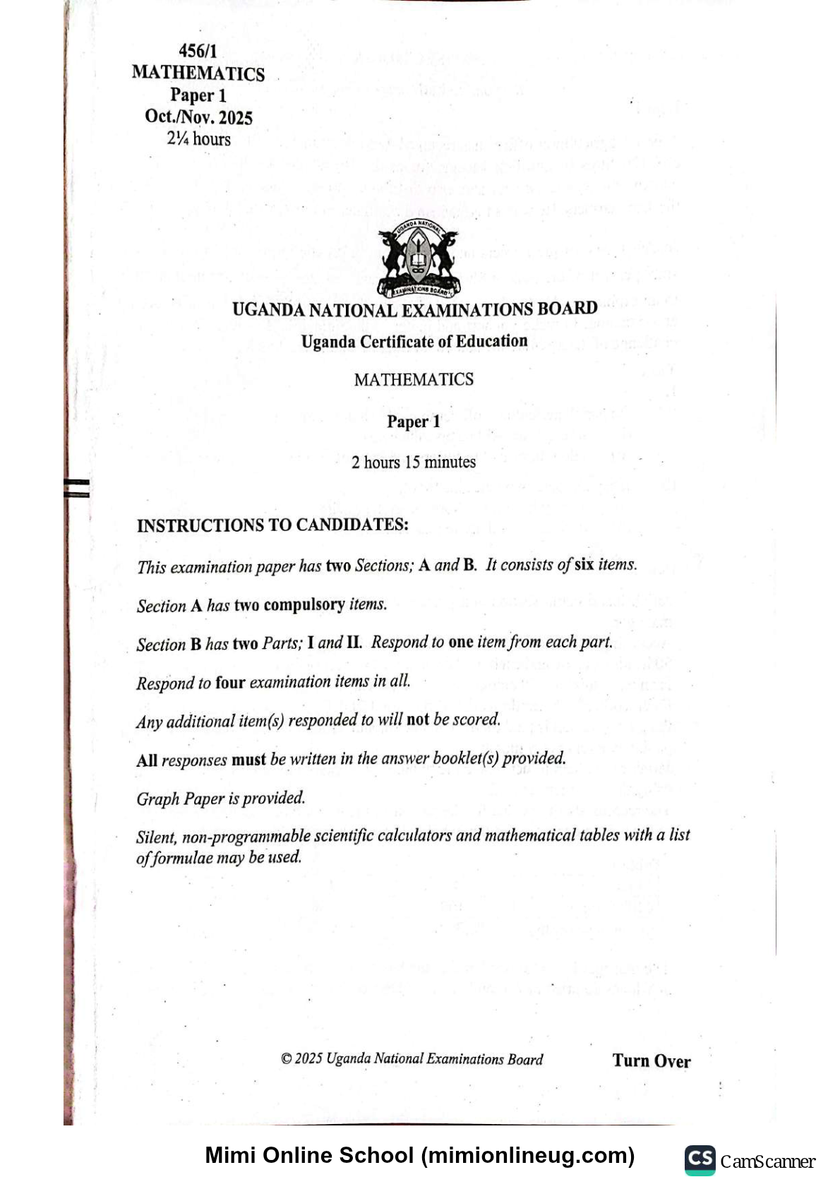 UNEB UCE mathematics 2025