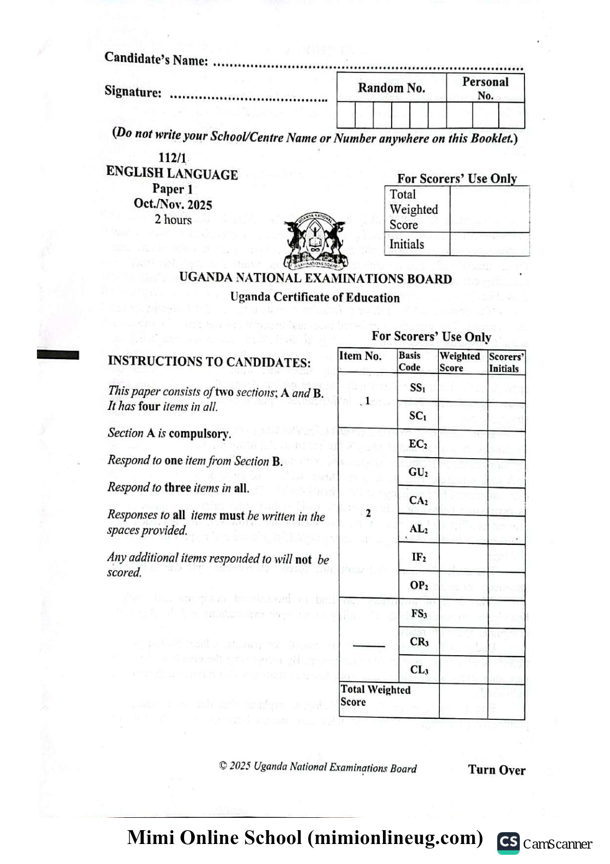 UNEB UCE ENGLISH 2025