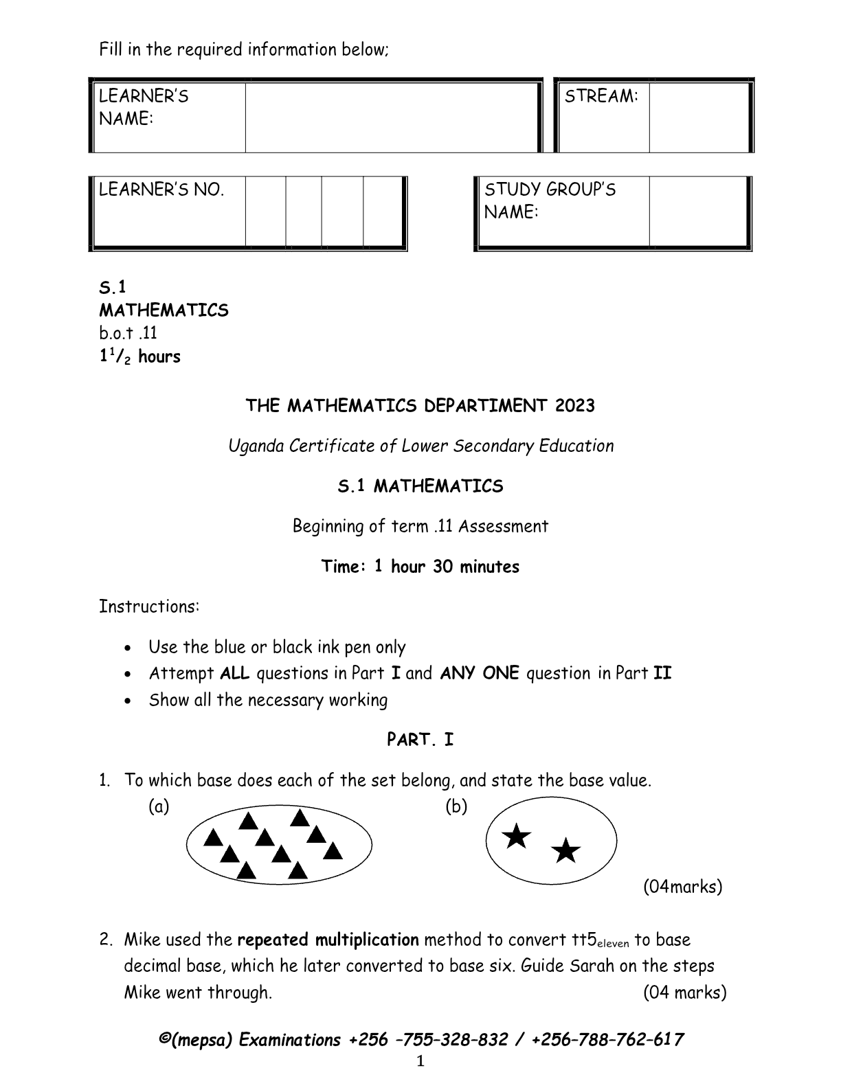 S.1 Math  BOT