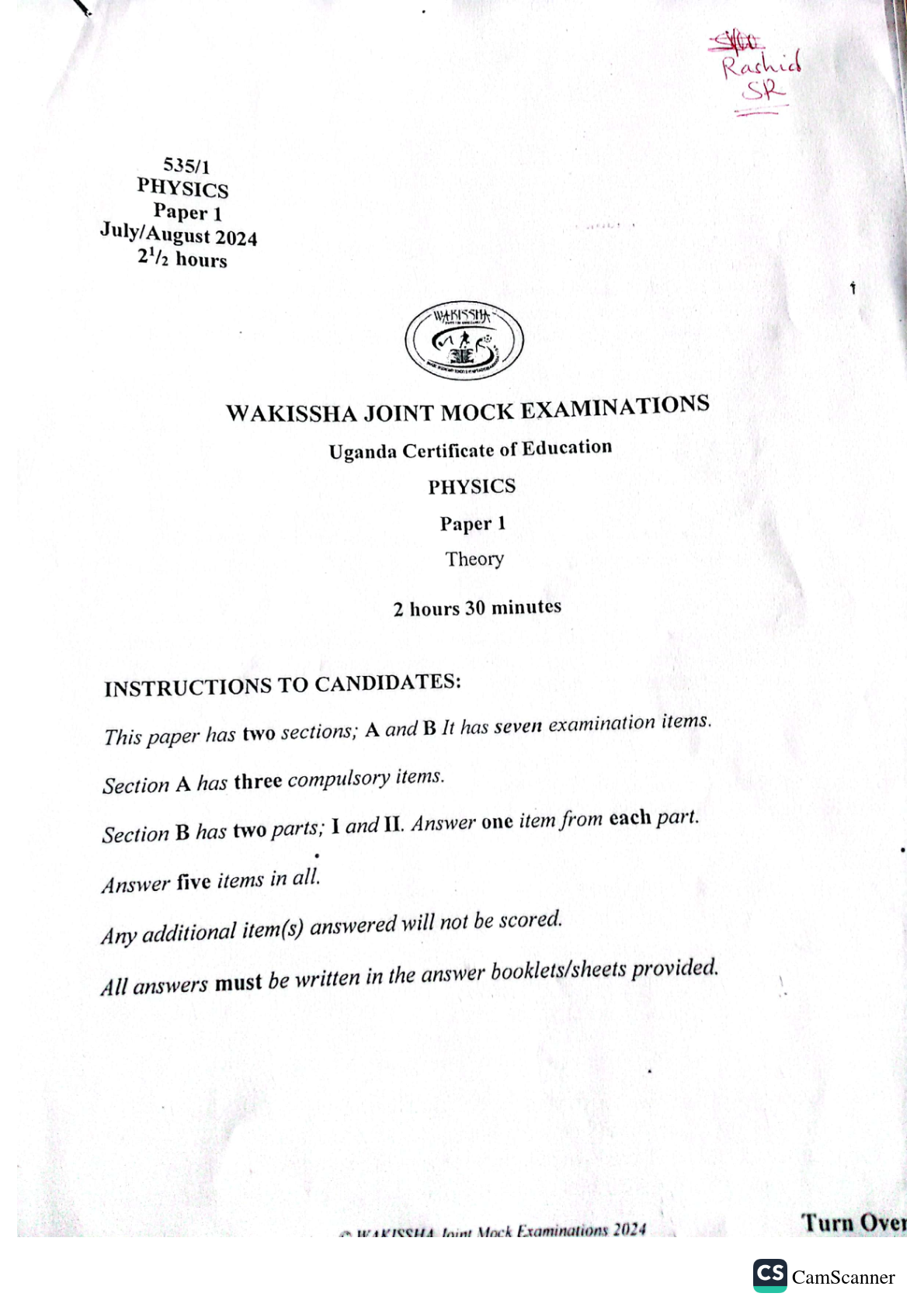 WAKISHA MOCK EXAMINATION UCE PHYSICS  THEORY MARKING GUIDE 2024