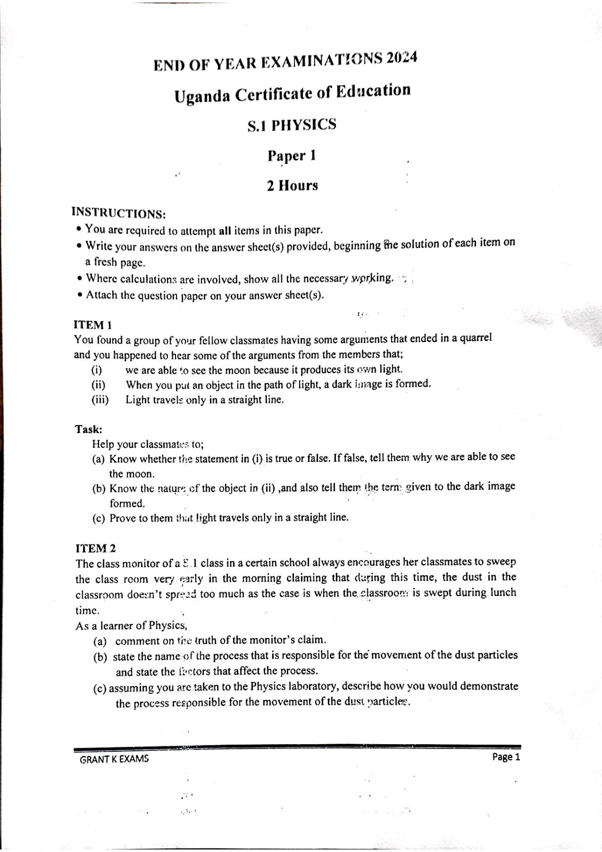 End of year examination physics s 1 2024 question and marking guide