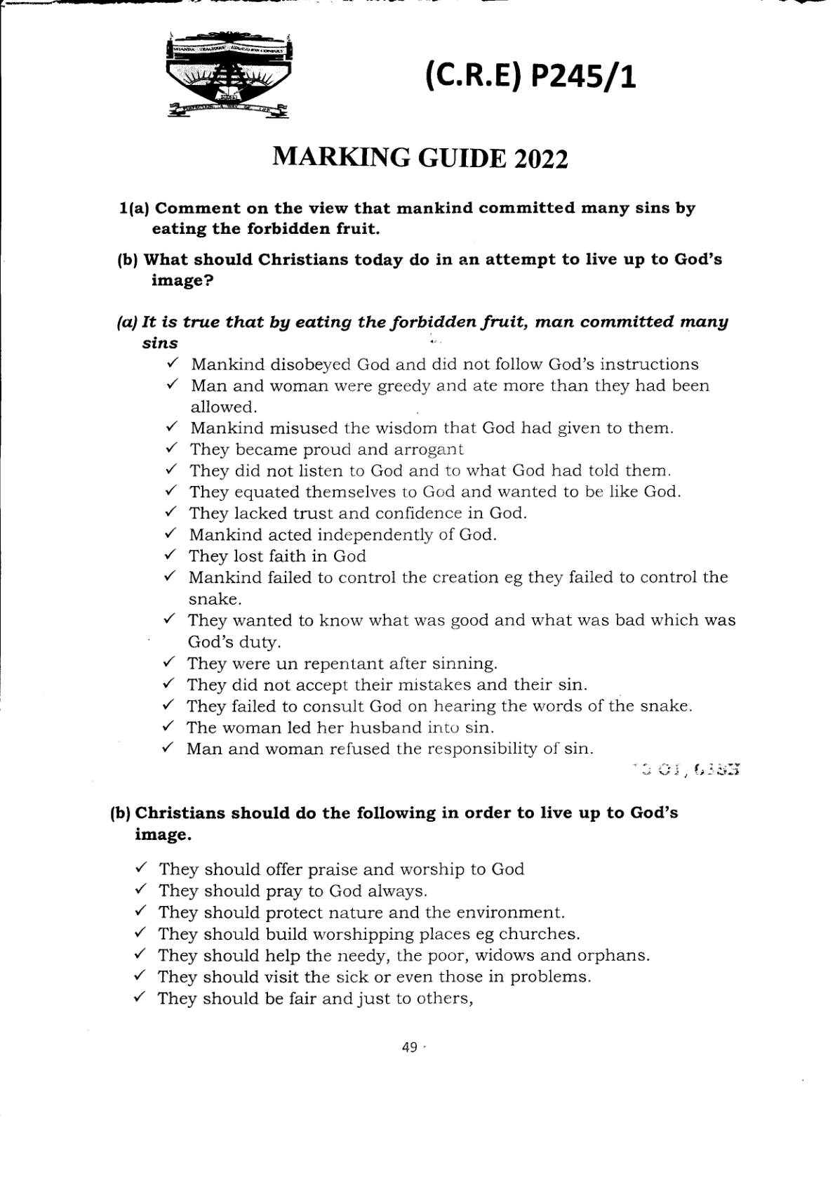 christian religious education marking guide 2022