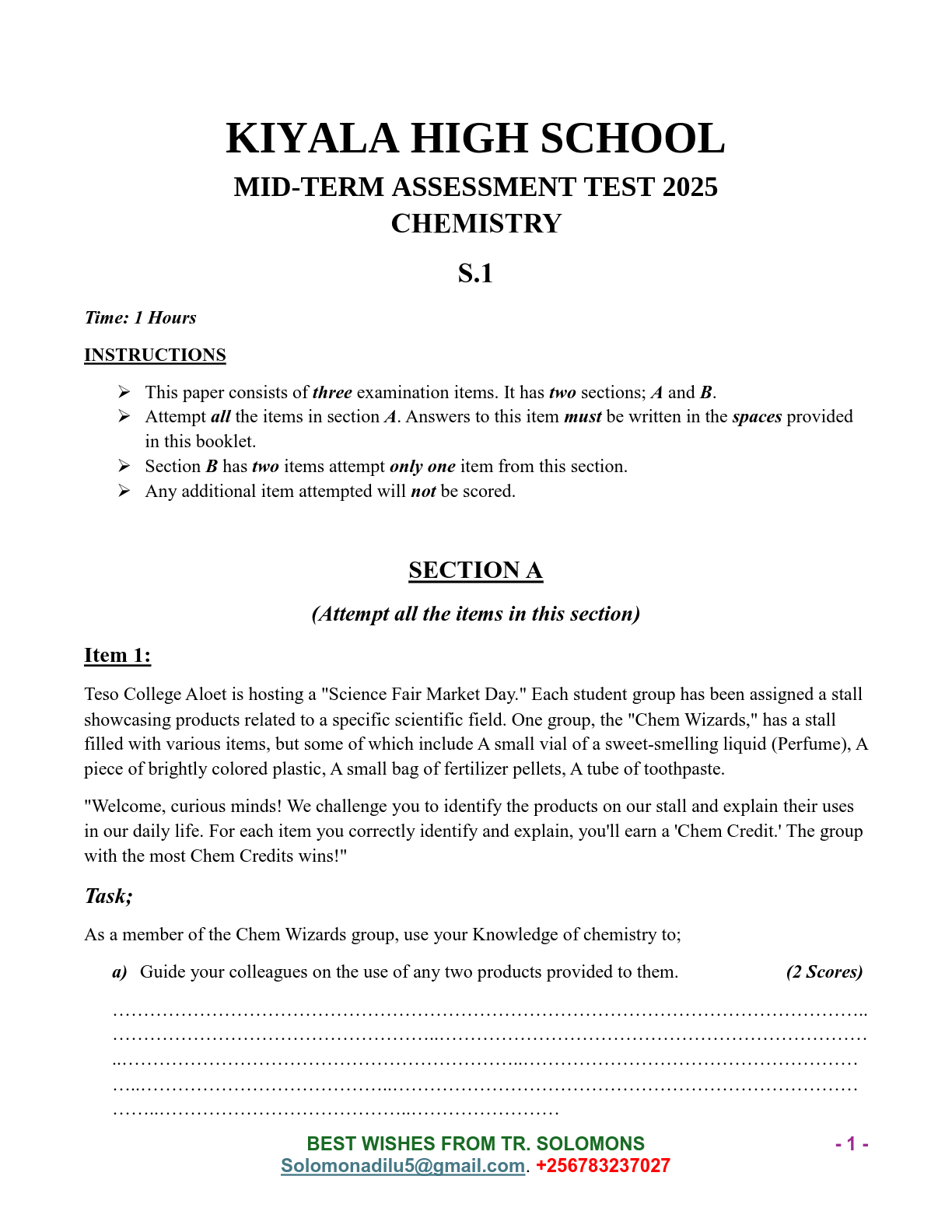 kiyala high school s 1 chemistry mid term examinations 2025