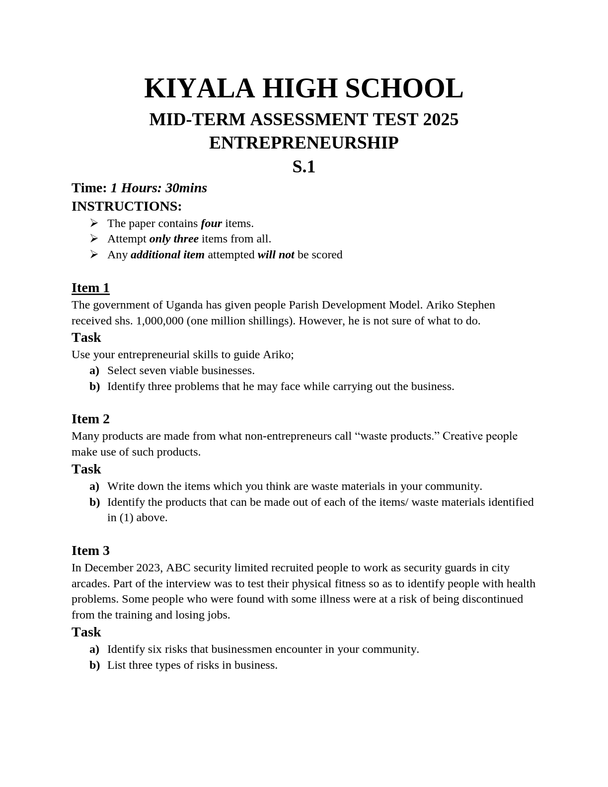 kiyala high school mid term assessment test 2025 english entrepreneurship s 1 2025