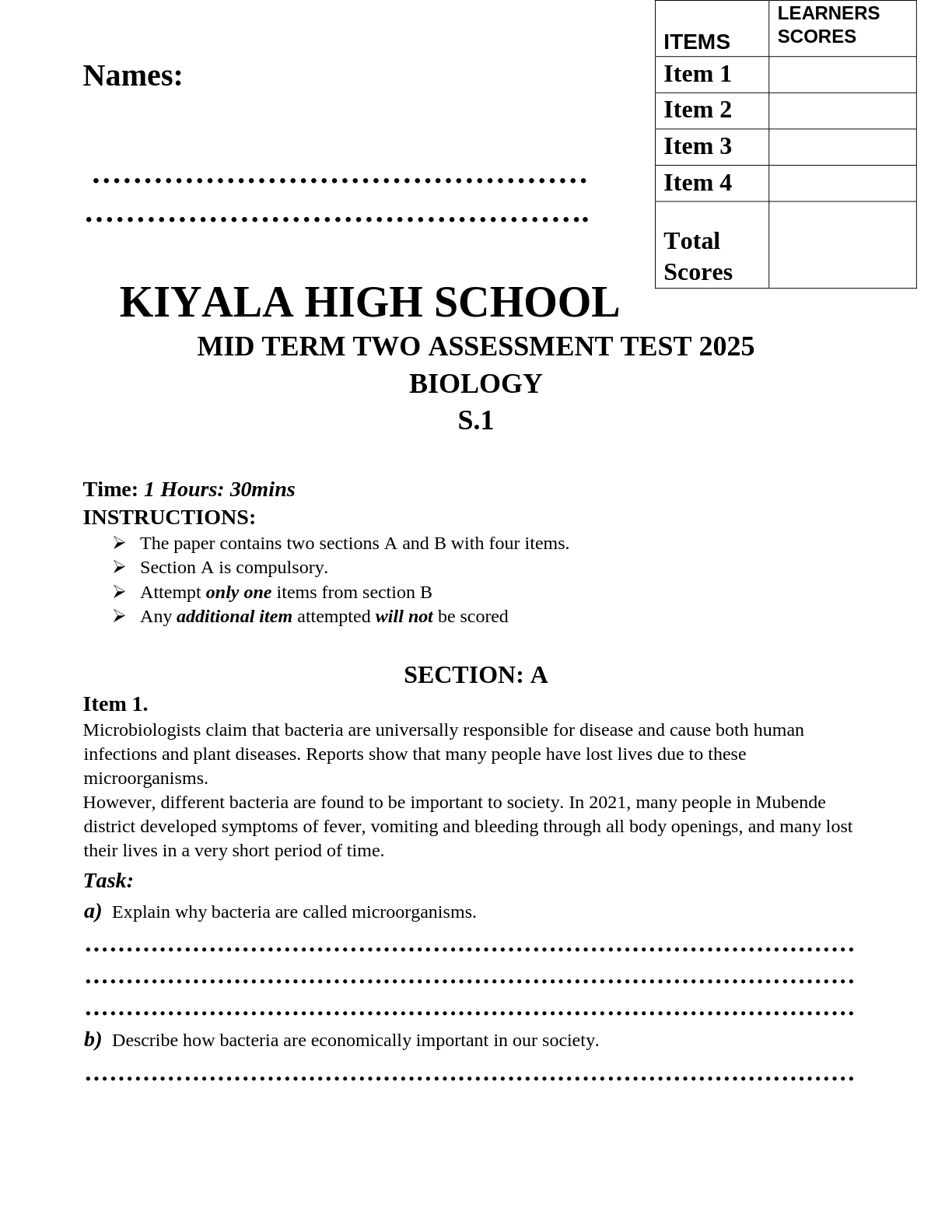 kiyala high school biology s 1 mid term two assessment test 2025