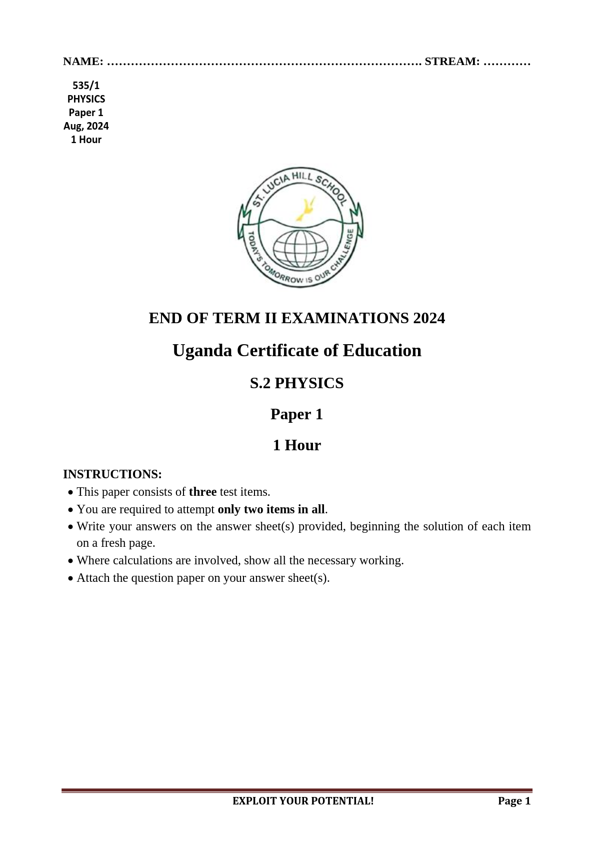 end of term ii examinations 2024 uganda certificate of education s 1 physics paper 2