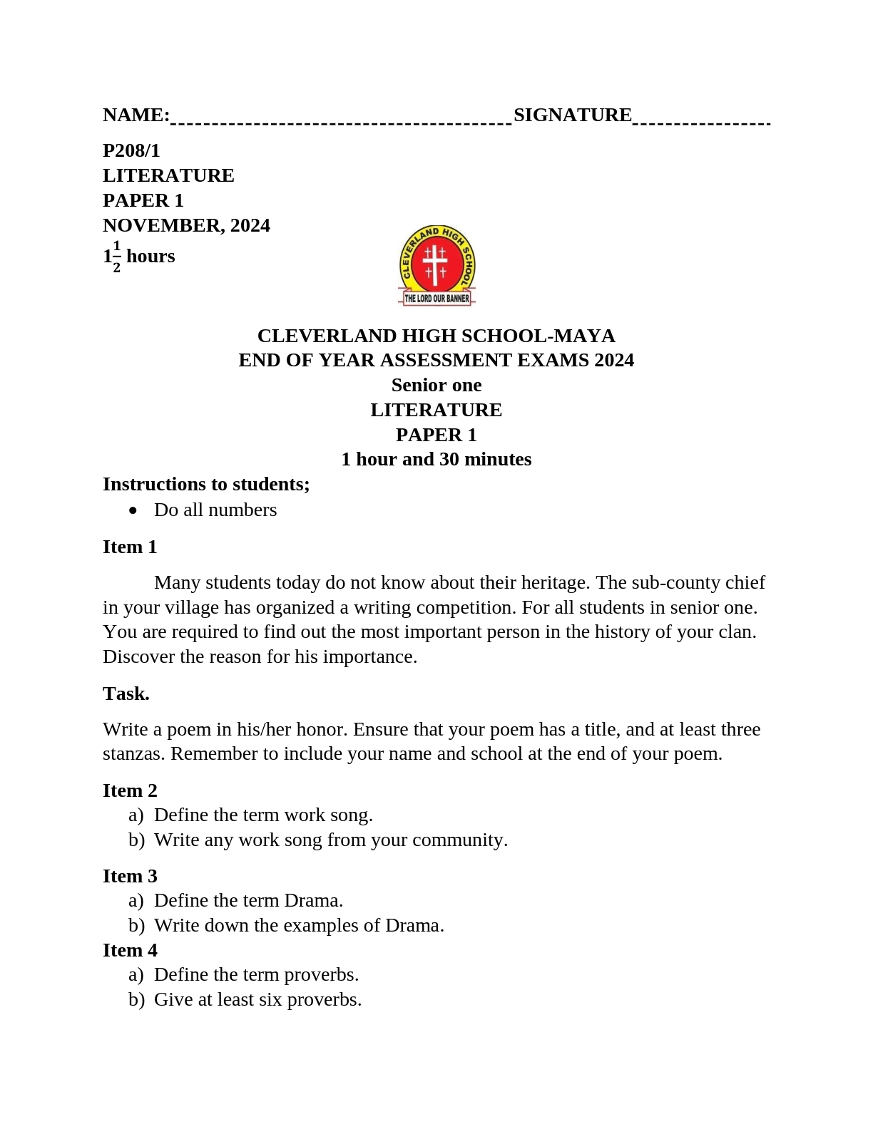 cleverland high school maya end of year assessment exams 2024 s 1 literature paper 1