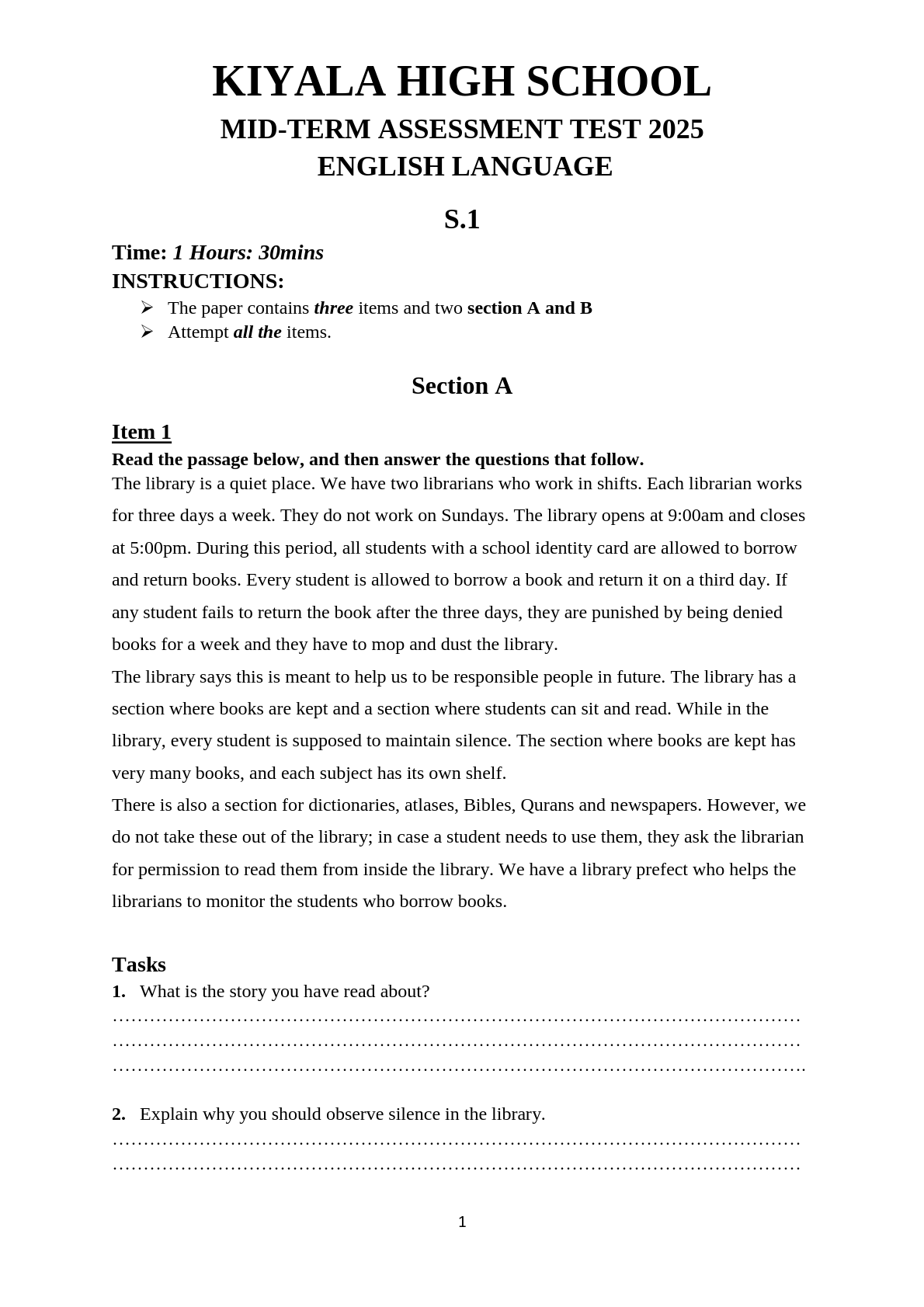 kiyala high school s 1 english mid term examinations 2025