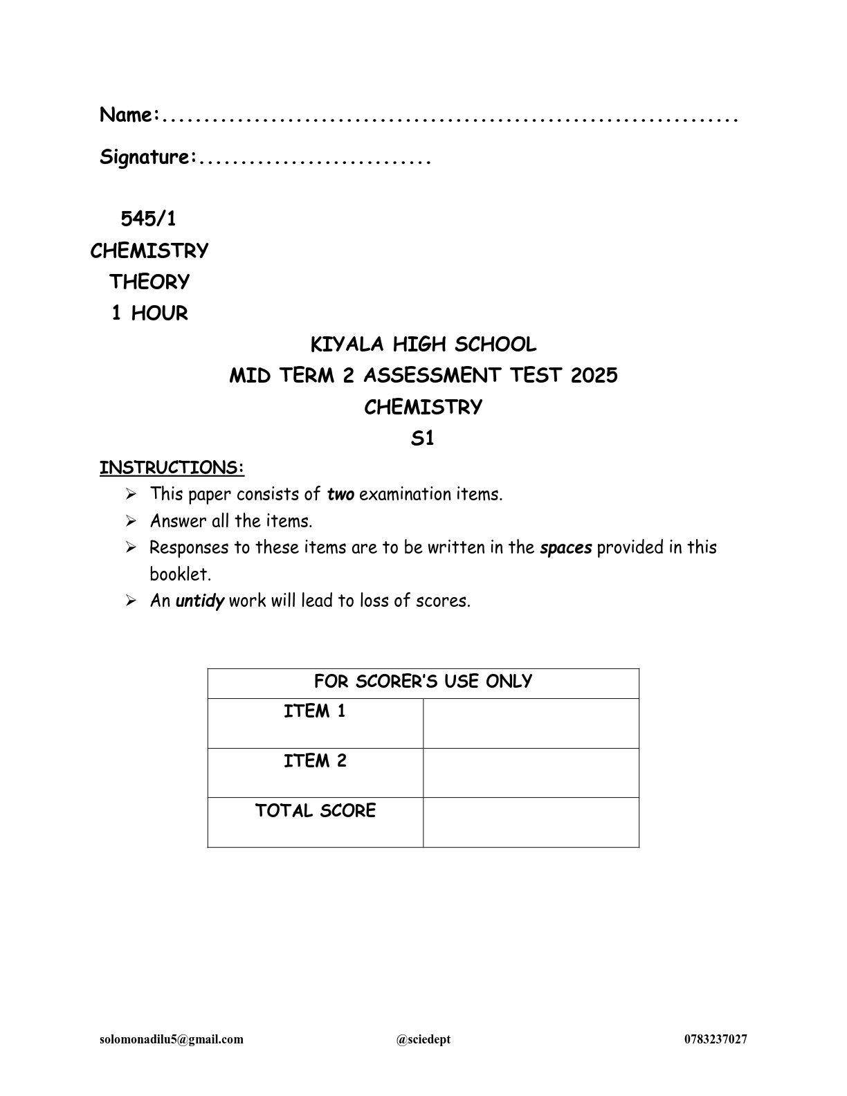 kiyala high school s 1 chemistry mid term 2 assessment test 2025