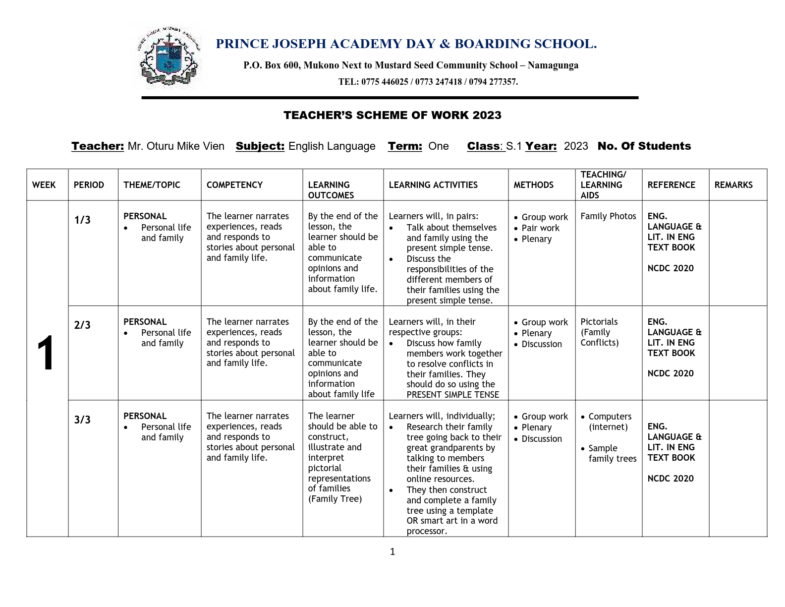 s1 english schemes of work 2023 term l and ll