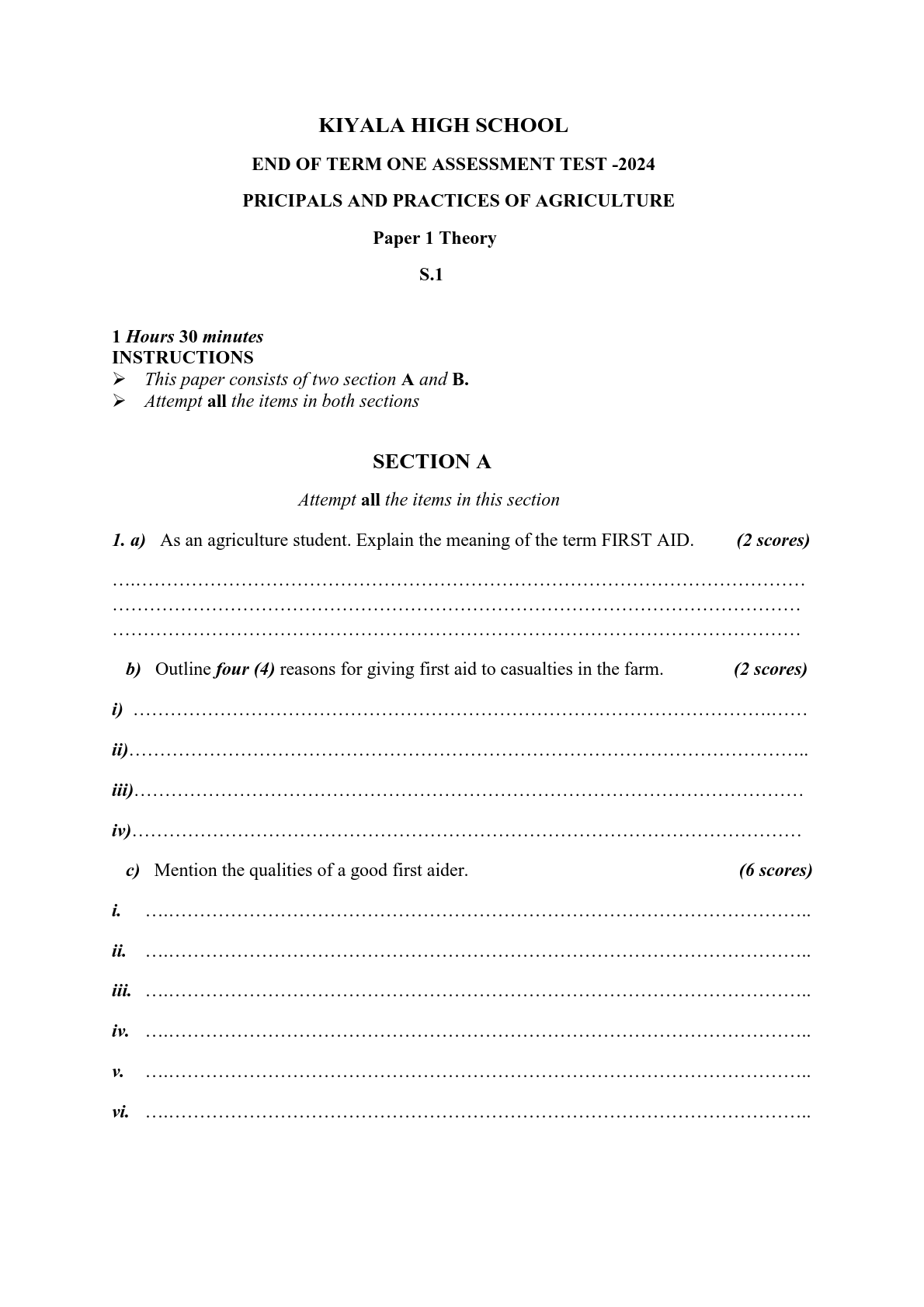 kiyala high school s1 agriculture 1 past paper 2024