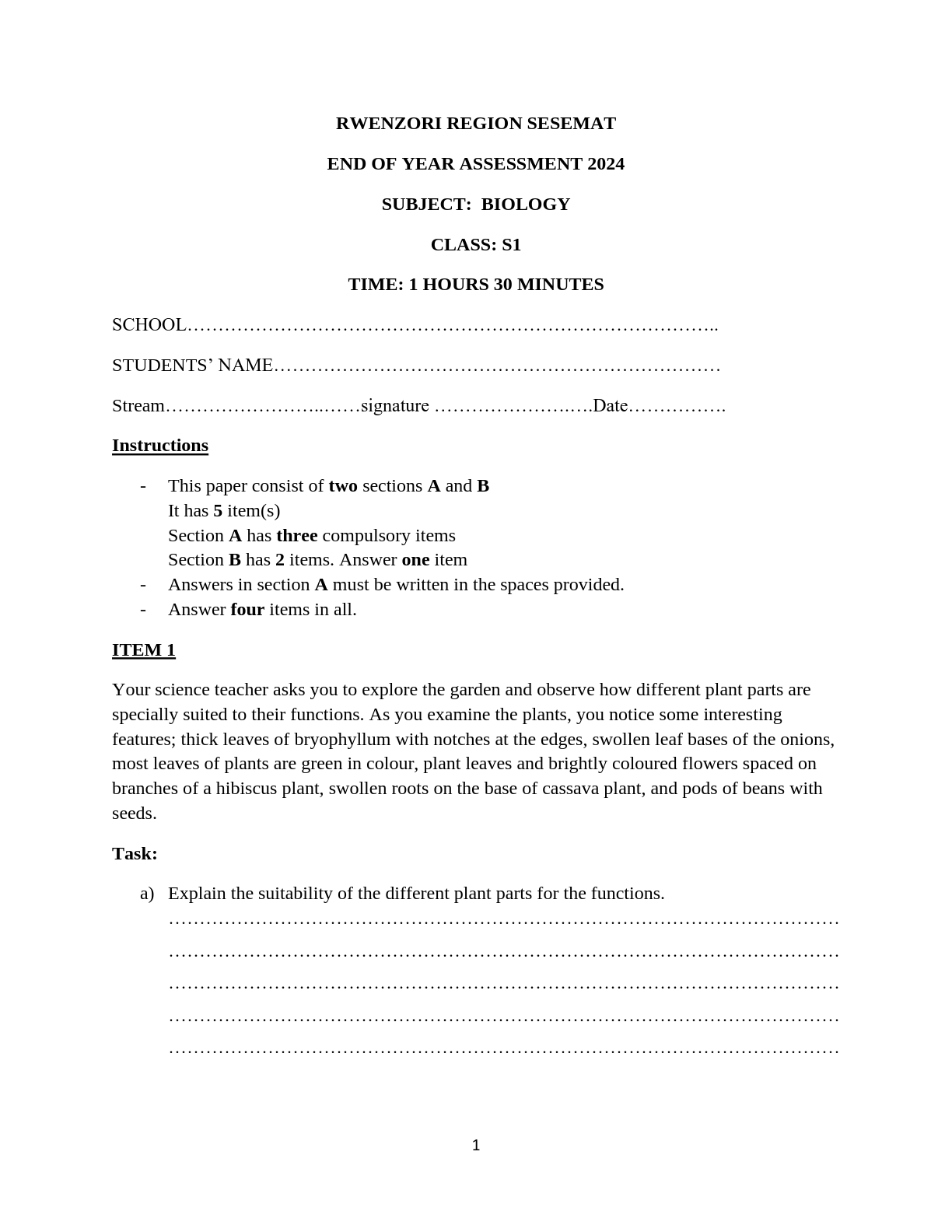 rwenzori region sesemat end of year assessment 2024 biology s 1