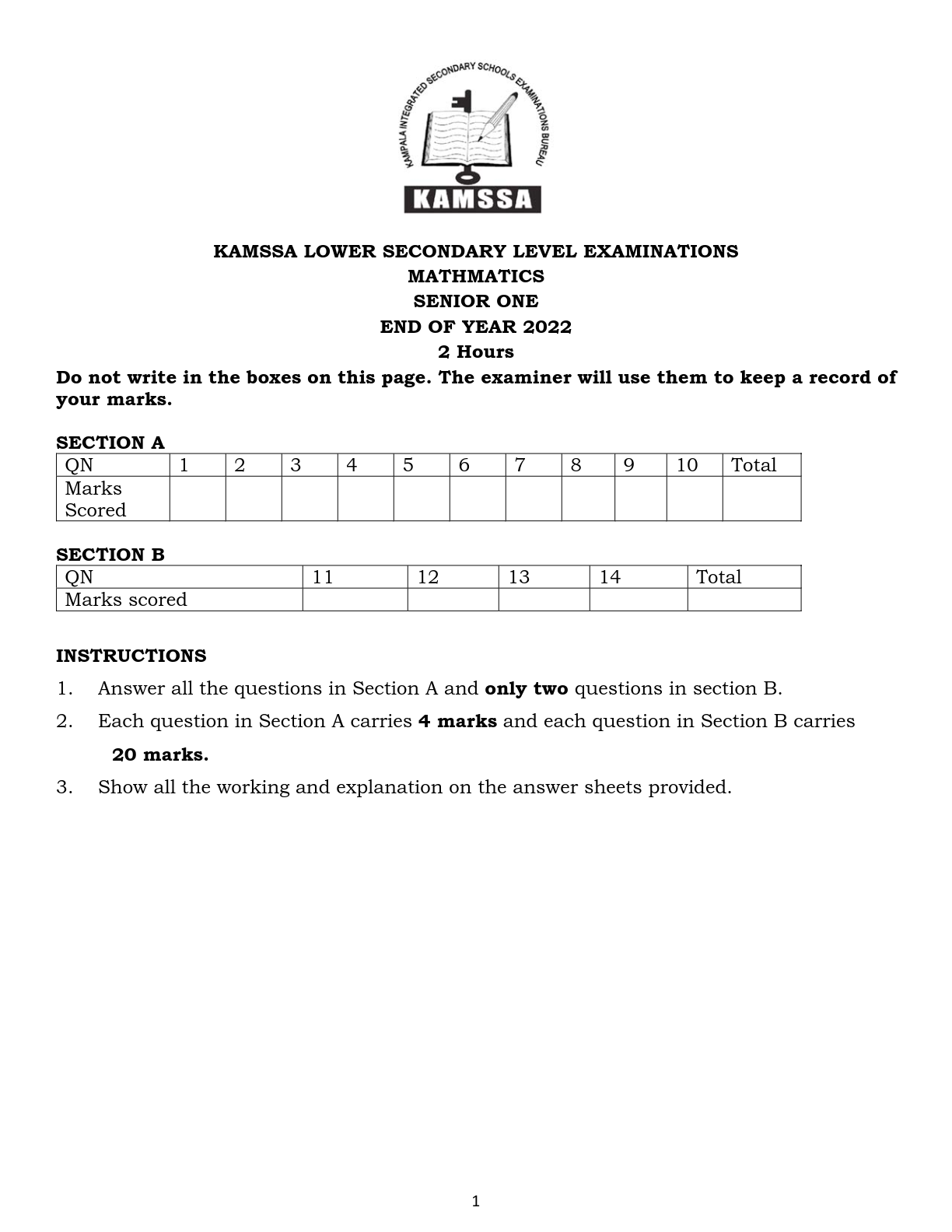 kamssa lower secondary level examinations mathmatics senior one end of year 2022 3